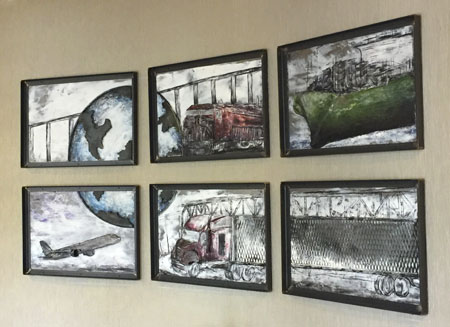 A six-panel artwork made of steel and encaustic wax that shows the main modes of transportation.